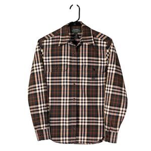 Ralph Lauren Women's Shirt Green Multicolor Plaid Logo Long Sleeve Blouse Top PS